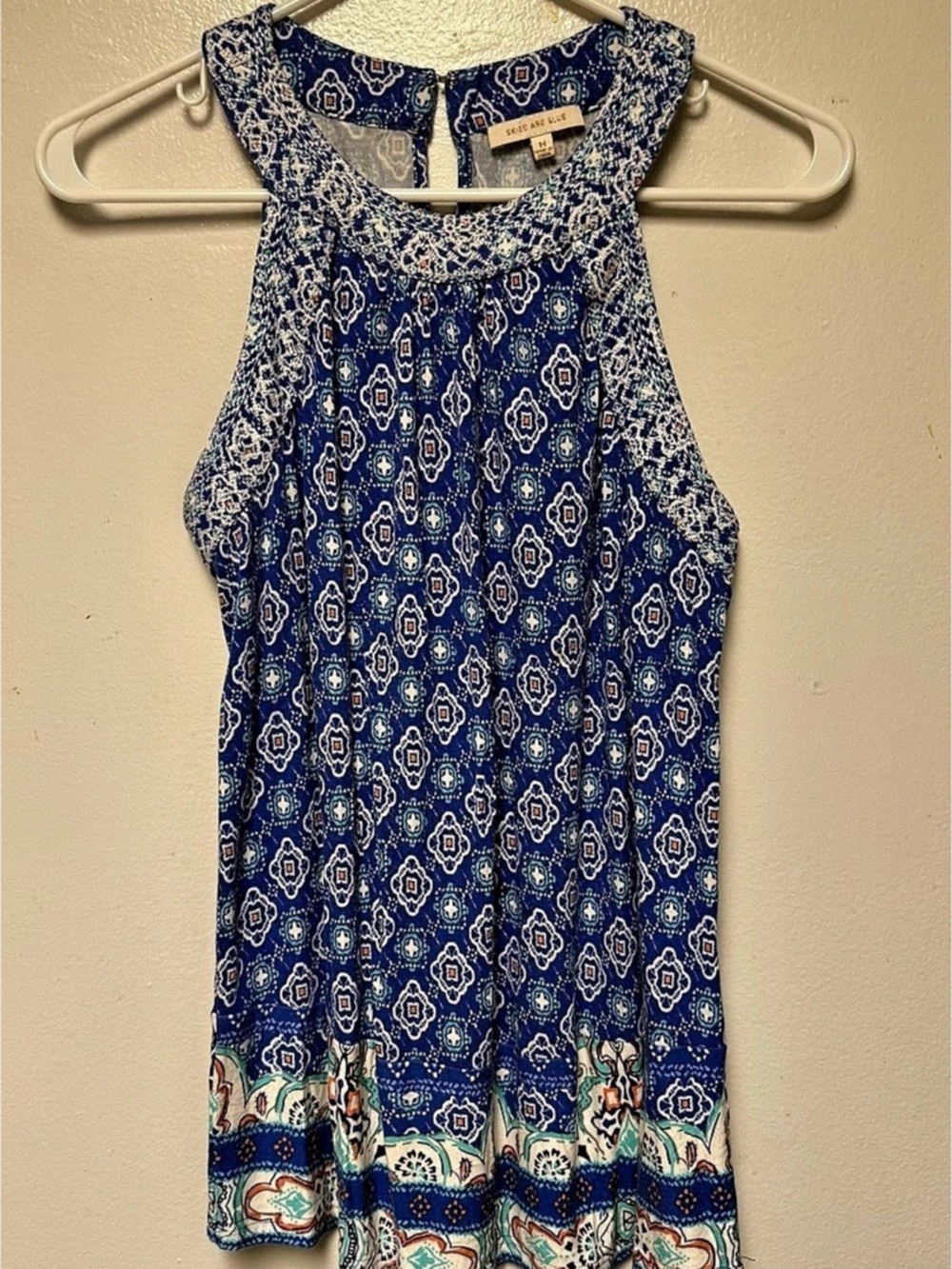Women’s Size Medium Skies Are Blue, Blue & White Geometric Top Bohemian Style an